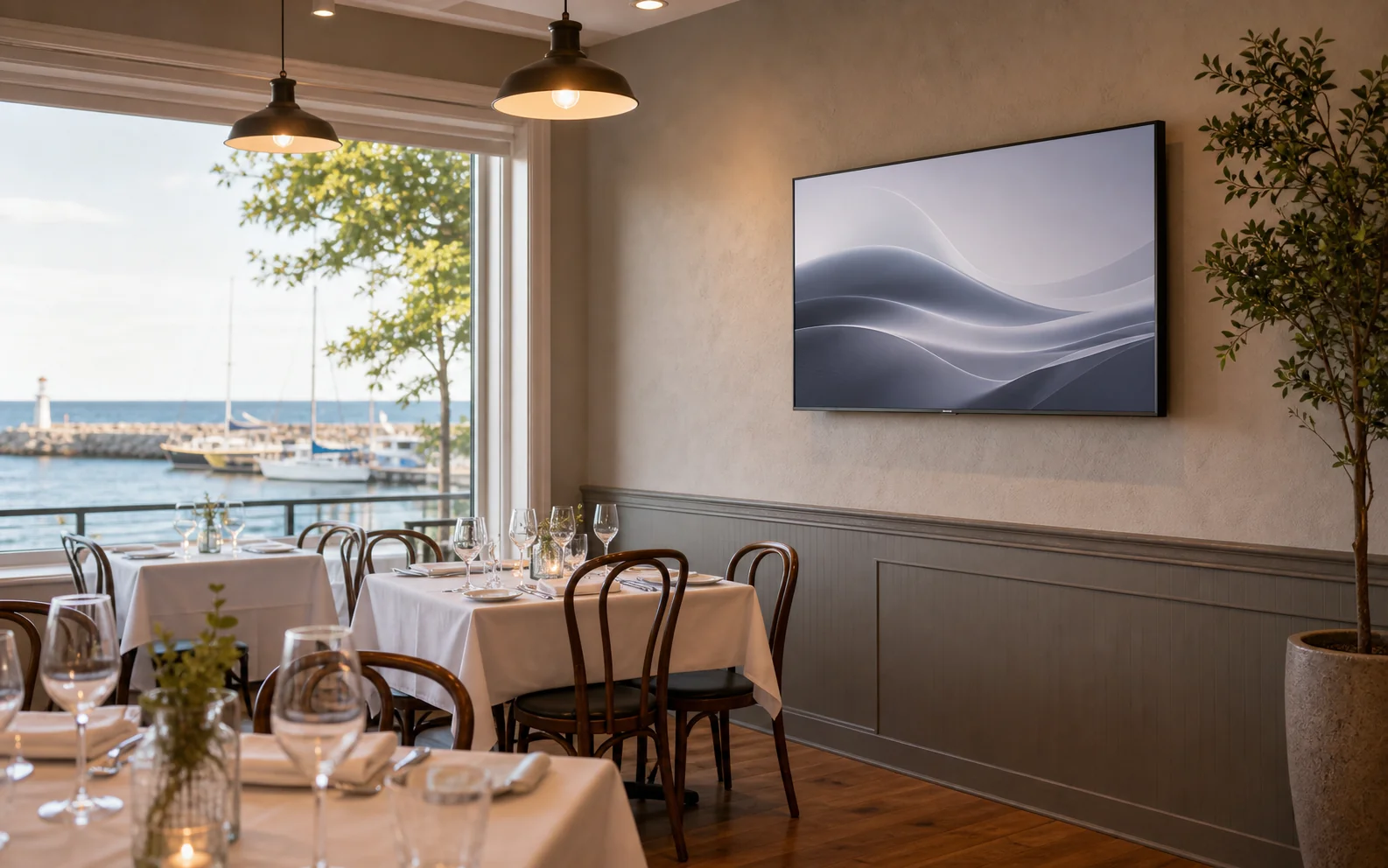 Mounted commercial display angled away from the harbour-facing picture window inside a Bronte Village waterfront restaurant in Oakville
