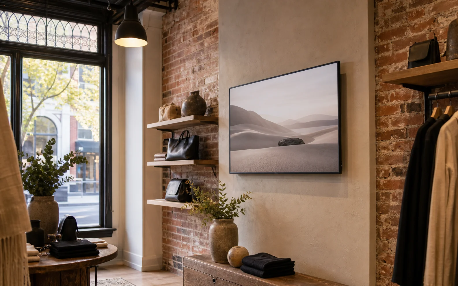 Commercial display set back from the heritage storefront window inside a Lakeshore Road East Downtown Oakville boutique with original brick interior wall visible
