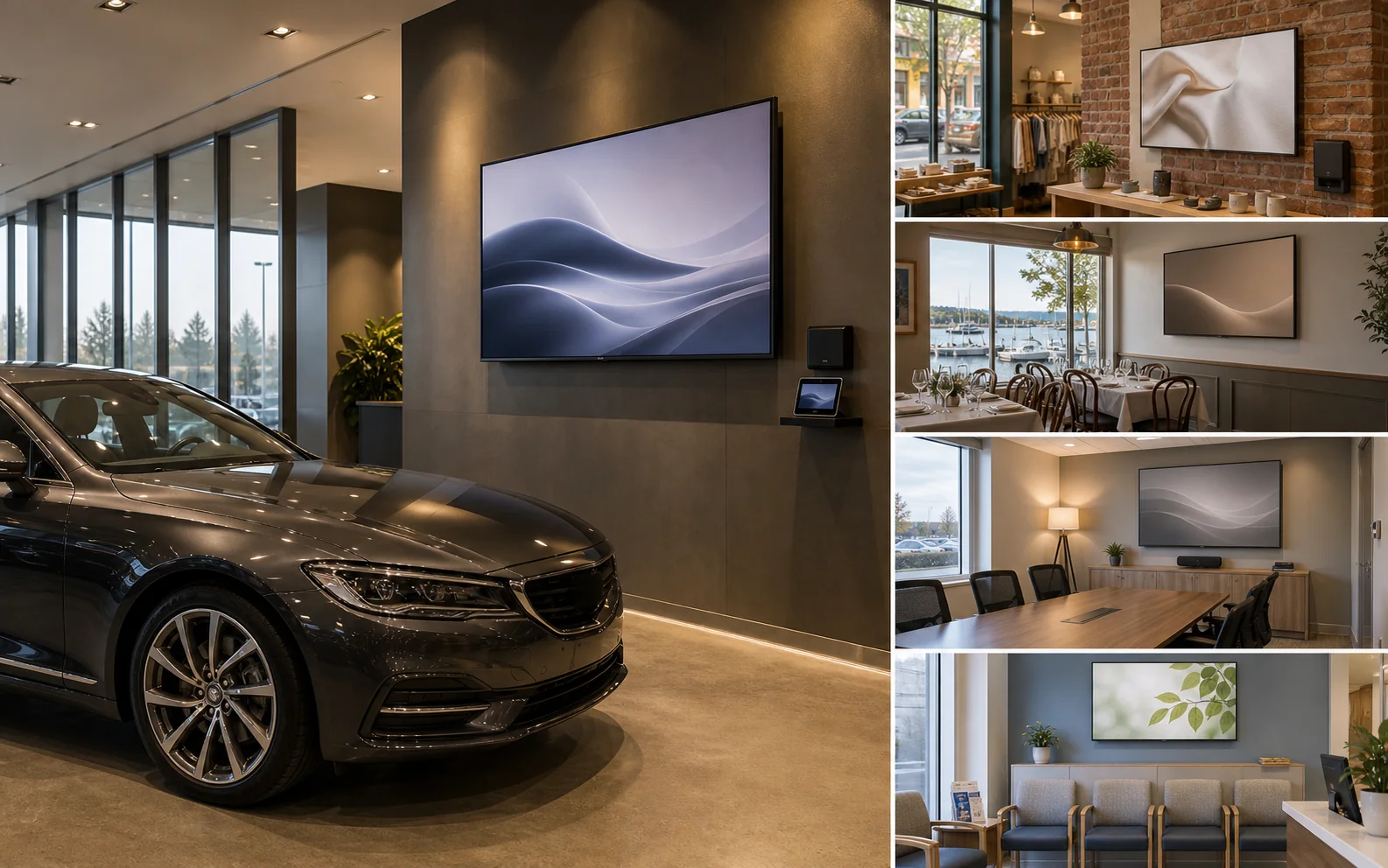 Five-up composite of commercial TV installs across Oakville &mdash; a Trafalgar Road dealership feature wall, a Lakeshore Road heritage boutique display, a Bronte Village waterfront restaurant screen, a Winston Park boardroom front wall, and an Oakville Trafalgar Hospital area clinic waiting-room display