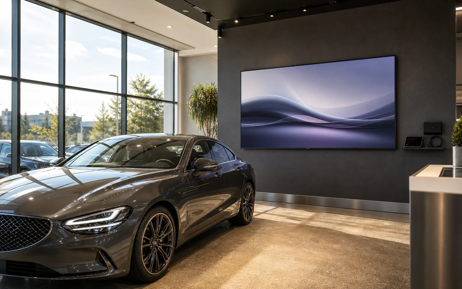 Large commercial LCD feature wall above a luxury vehicle on the showroom floor of an Oakville Trafalgar Road dealership with high curtain-wall glazing in the background