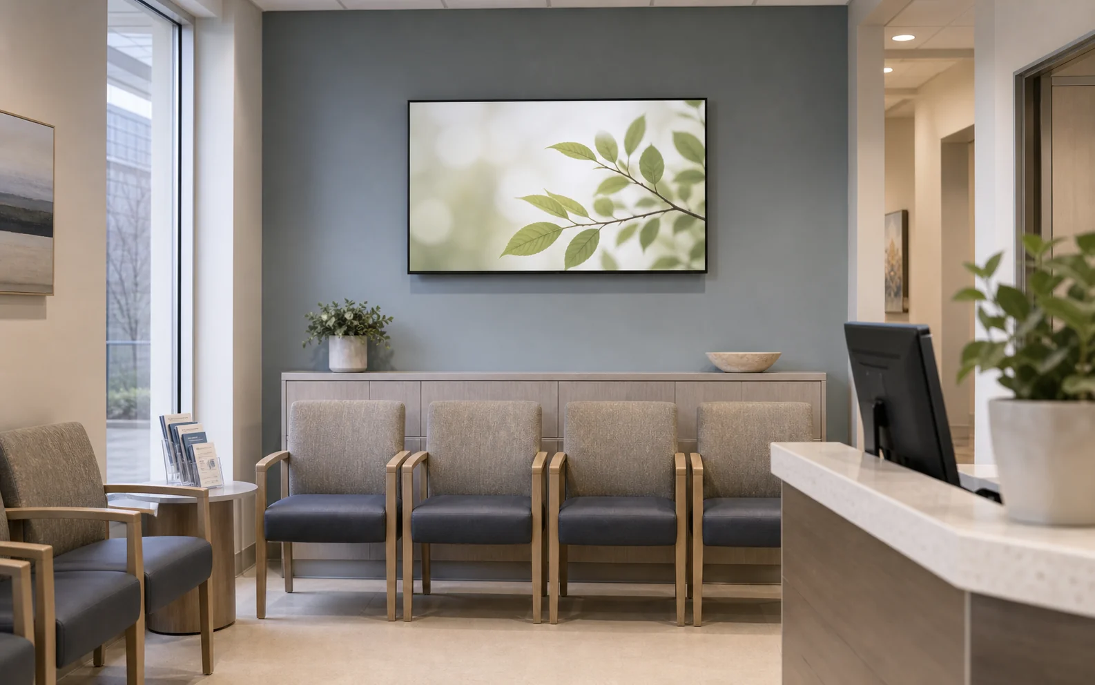 Commercial display in the waiting room of a medical clinic near Oakville Trafalgar Memorial Hospital with neutral seating and clinic-appropriate signage