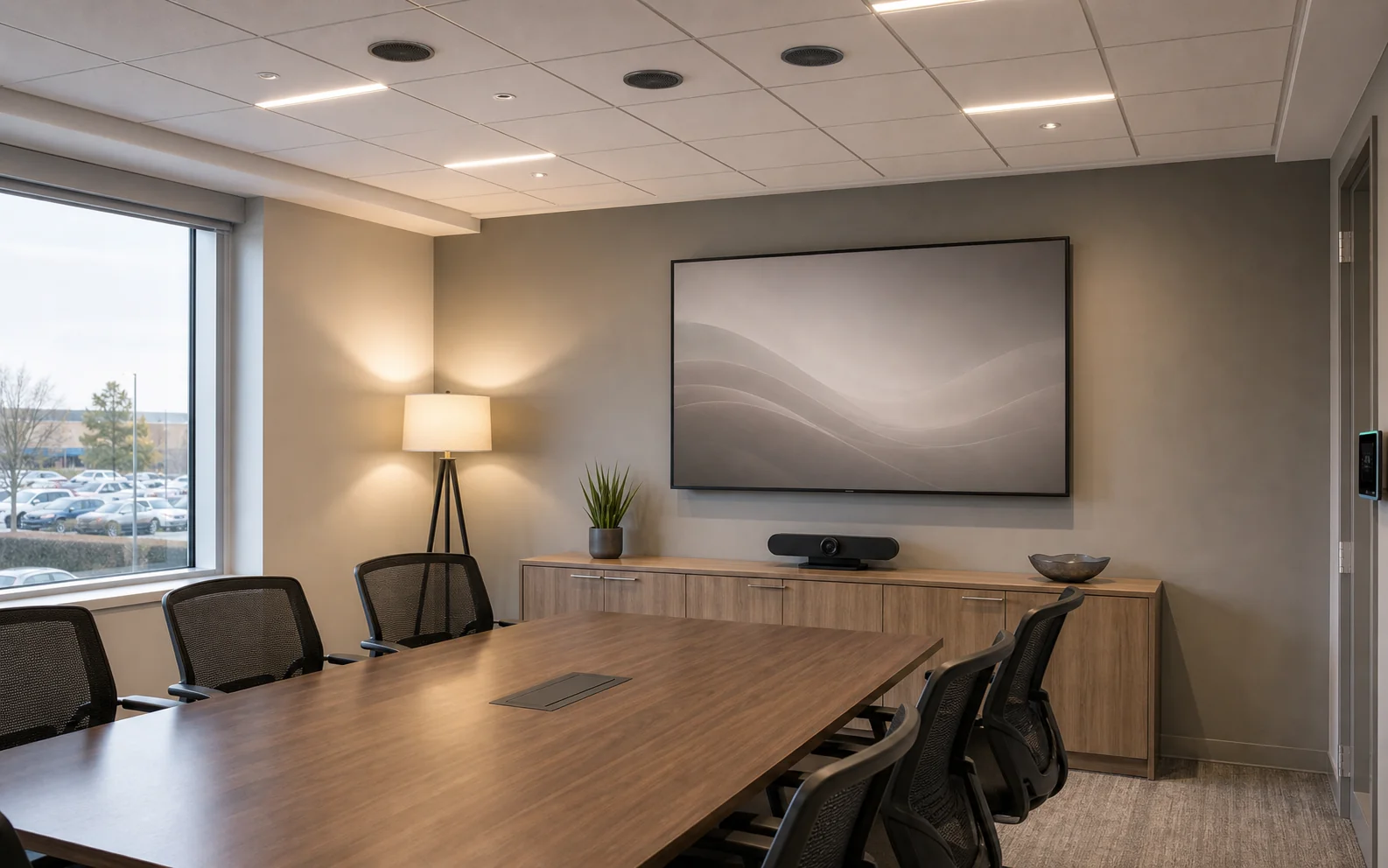 Single large commercial display on the front wall of a Winston Park business-park boardroom in Oakville with a credenza-housed video bar and a ceiling microphone array