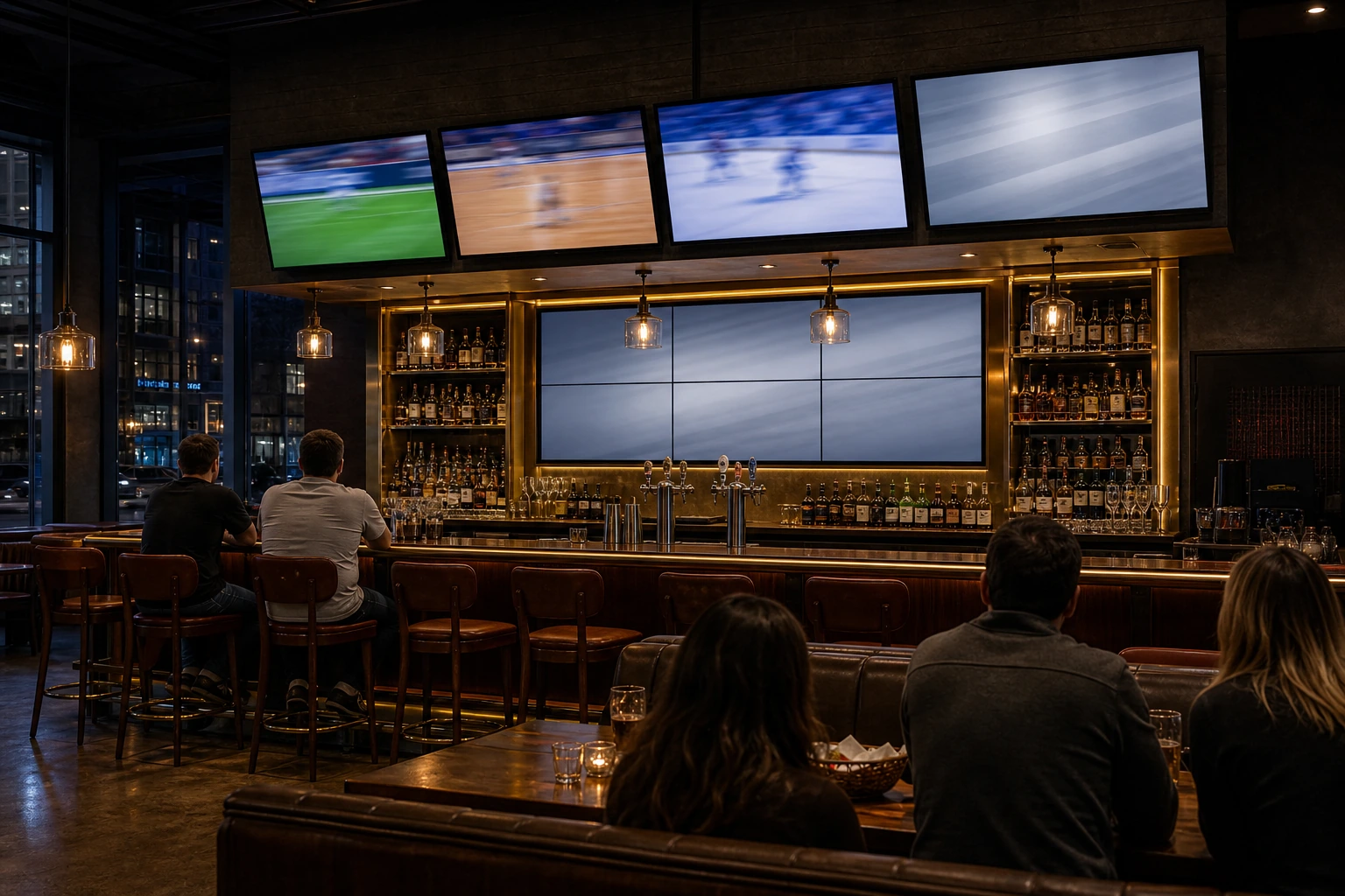 Yonge-Sheppard sports bar at evening service with multiple commercial TVs above the bar showing different sports feeds, brushed brass mounts and clean cable management visible