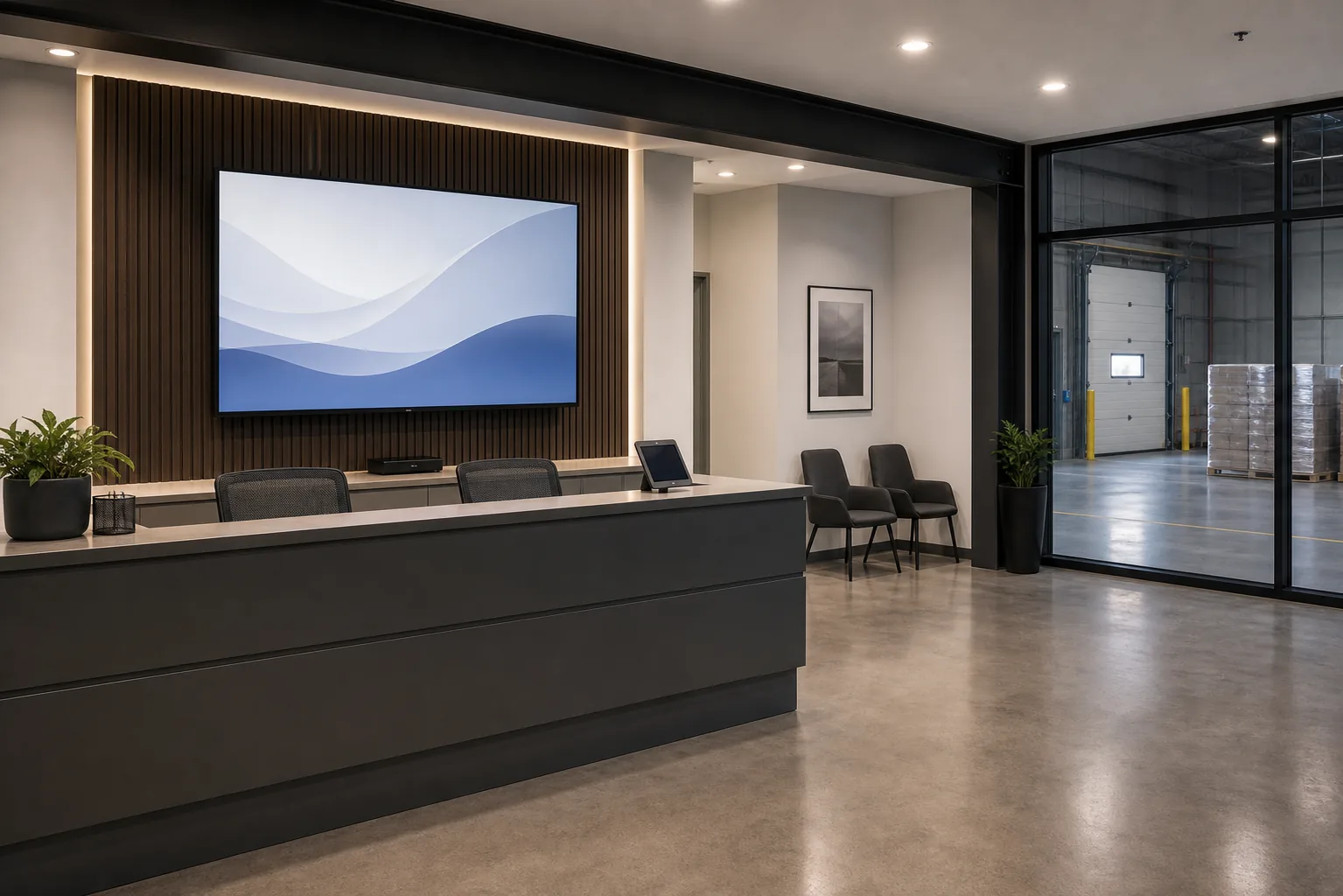 Commercial display in a reception lobby of a Highway 400 Vaughan distribution-centre front office showing a static logo screen with the loading dock visible through a glass partition