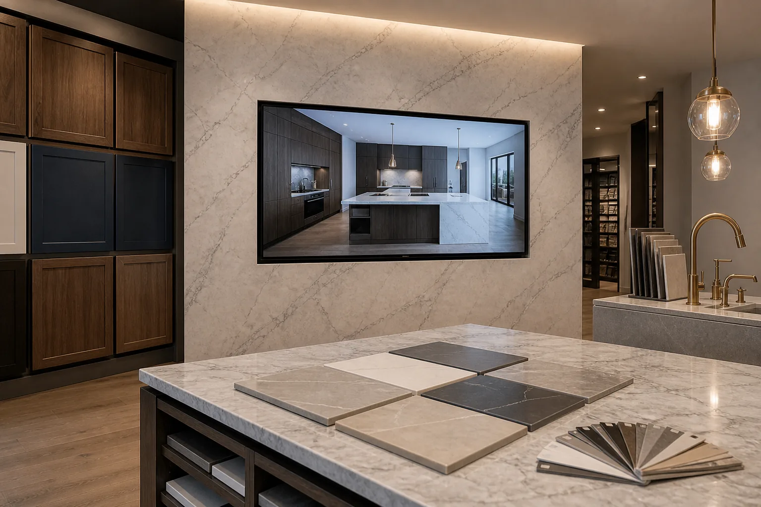 Large commercial display mounted as a feature wall inside a Highway 7 kitchen and stone showroom in Concord Vaughan with product samples visible in the foreground