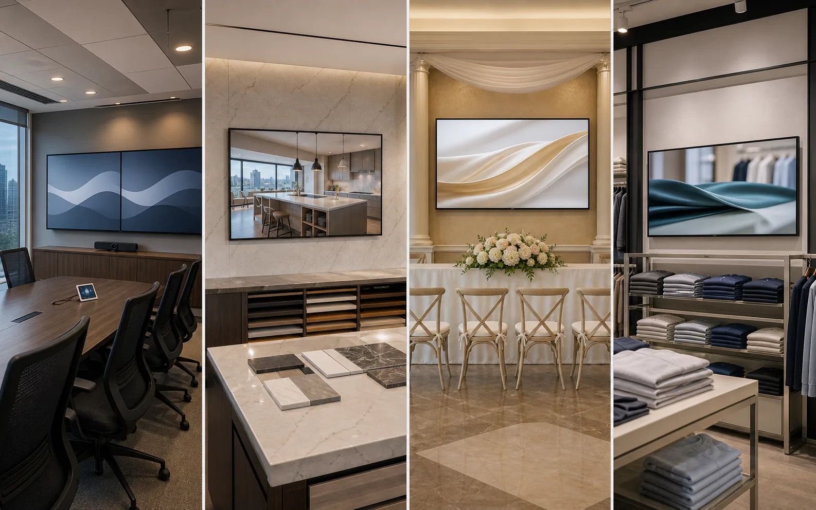 Four-up composite of commercial TV installs across Vaughan &mdash; a VMC tower boardroom, a Highway 7 showroom feature wall, a Woodbridge banquet ceremony screen, and a Vaughan Mills storefront display