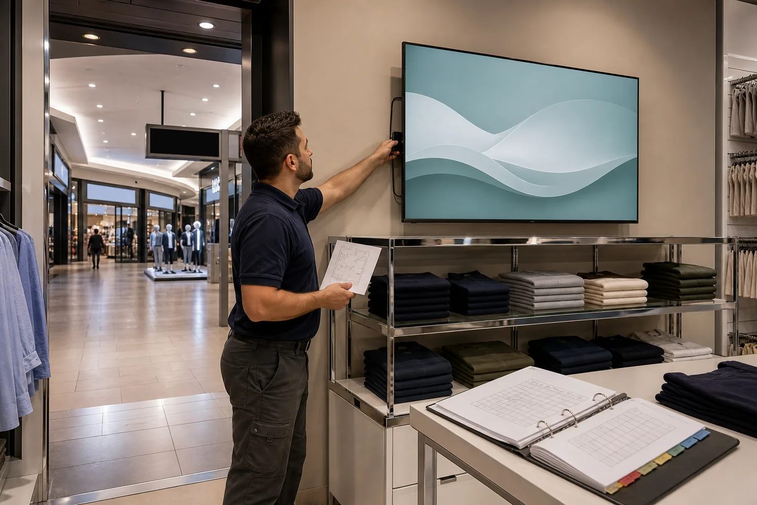 Installer commissioning a commercial display inside an outlet-mall storefront at Vaughan Mills with the tenant-design-criteria binder visible on a fixture nearby