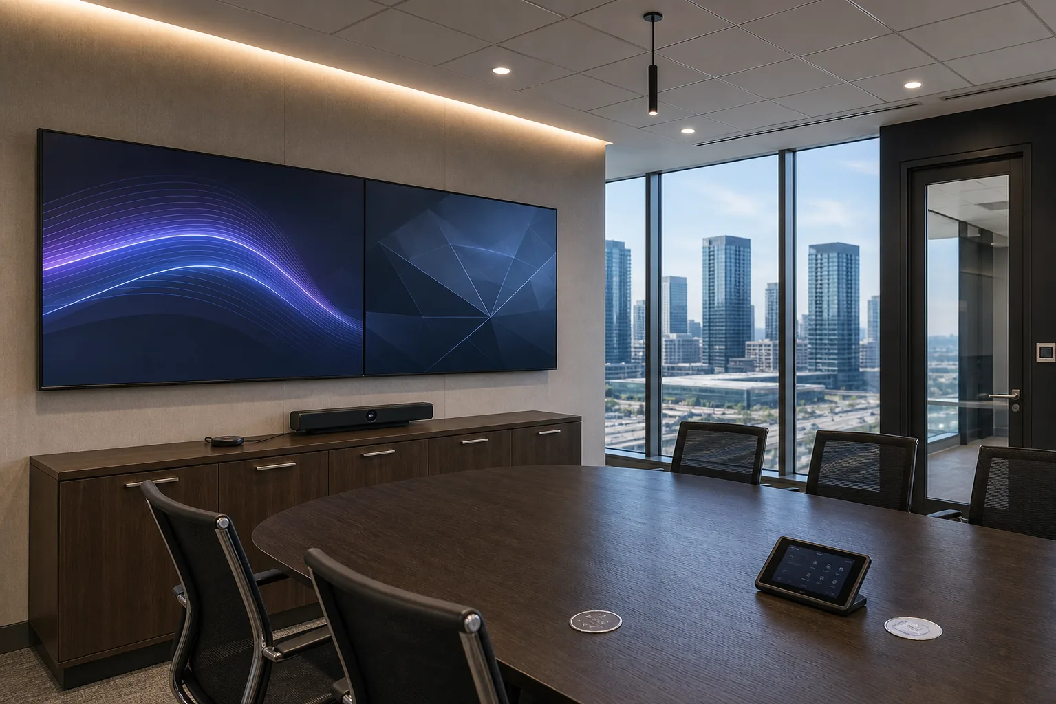 Dual large commercial displays on the front wall of a Class A boardroom inside a Vaughan Metropolitan Centre office tower with a credenza-housed Teams Rooms bar and floor-to-ceiling window wall behind
