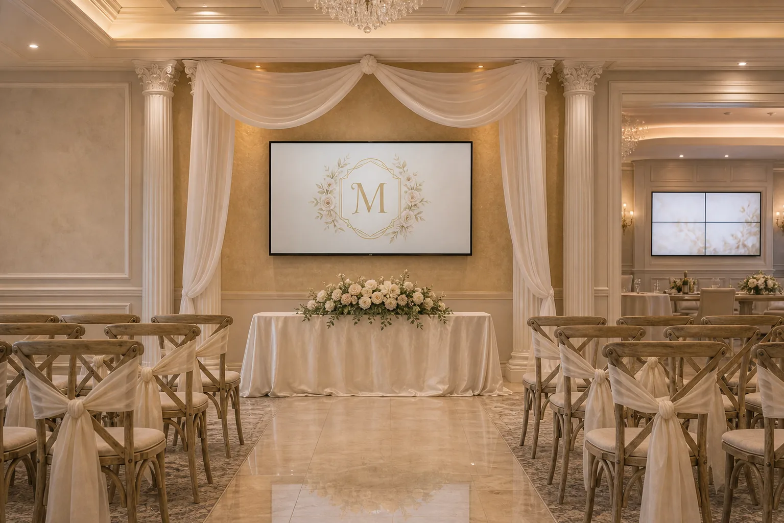 Large commercial display mounted at the front of a Woodbridge Italian banquet hall ceremony space in Vaughan with white linens and a head table in the foreground