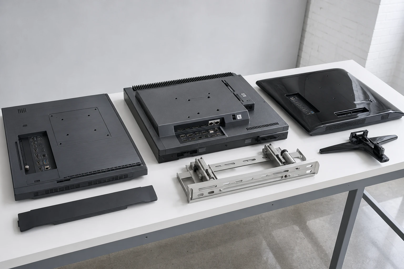 Three TVs lined up rear-panel for comparison on a clean install bench&mdash;a Samsung HG-Series hospitality TV, a Samsung QMR commercial display, and a consumer TV&mdash;showing the dramatic difference in build quality, input panels, and mounting hardware