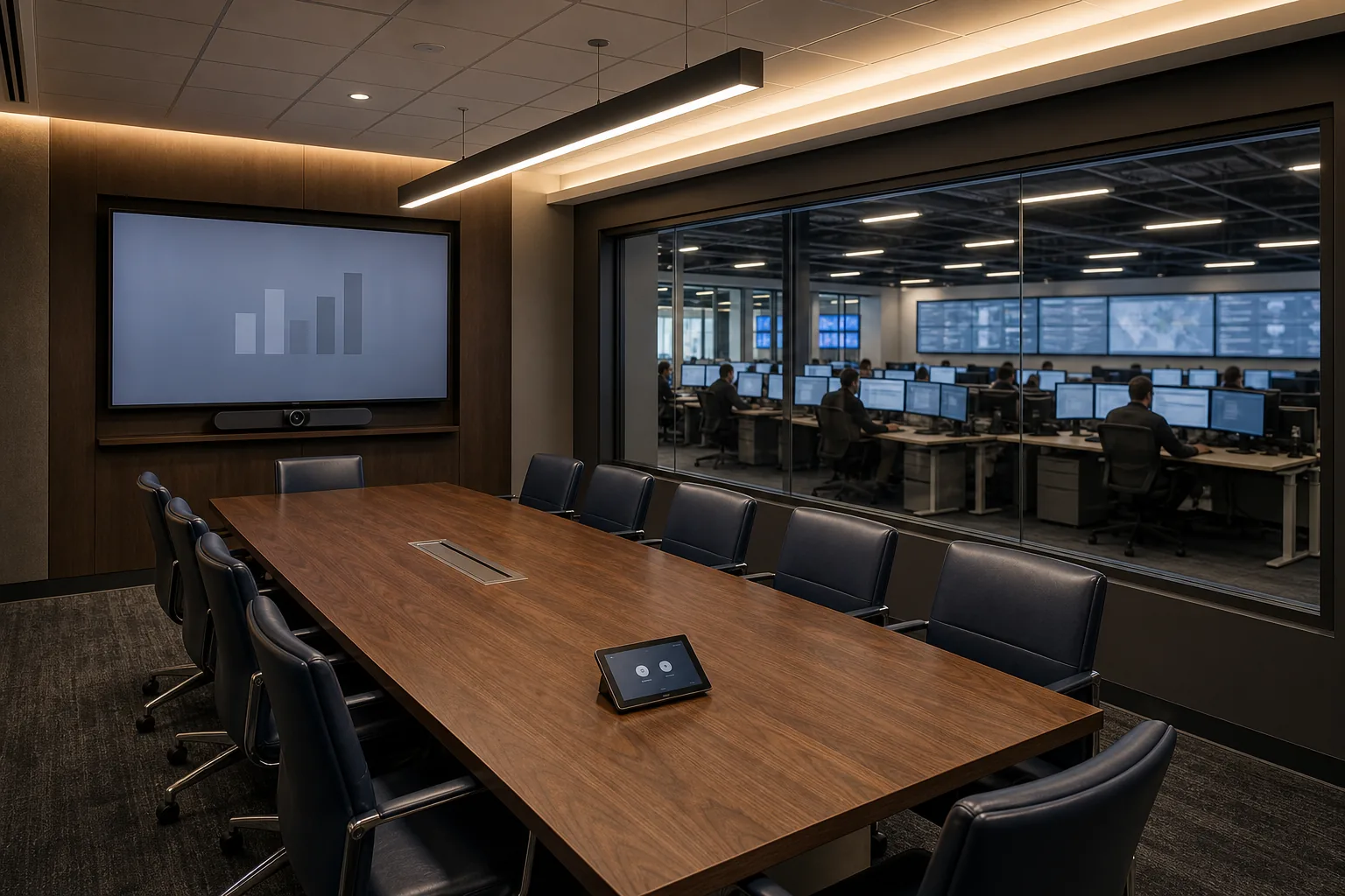 Concord logistics-tenant boardroom with a double-glazed observation window into a 24/7 dispatch operations floor, a 75-inch display, and a Logitech Rally Bar