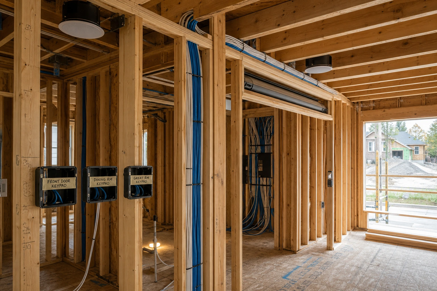 Pre-drywall rough-in on a Bayview Northeast Aurora new build showing low-voltage structured wiring, in-wall speaker cans, motorized shade pockets, and labelled keypad back-boxes along studded interior walls