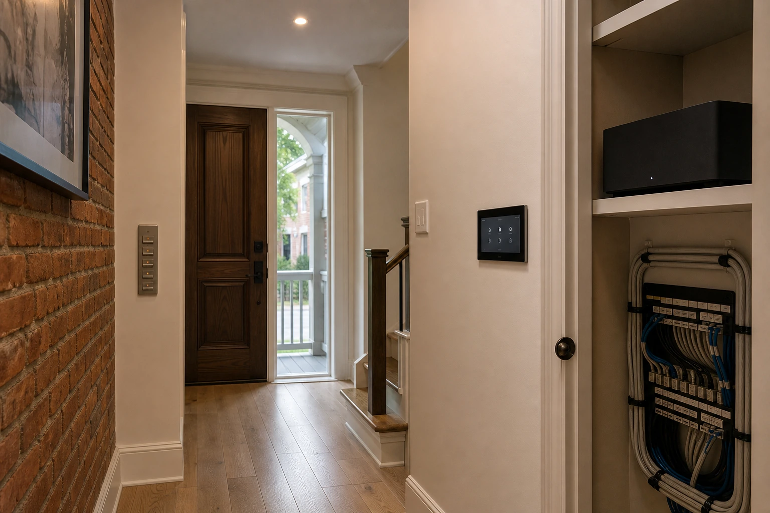 Compact Control4 keypad and on-wall touchscreen in the entry hallway of a Bayview Wellington Aurora freehold townhouse with brick interior accent wall, front porch visible through the door sidelight, and a Sonos amp in a tidy hallway closet