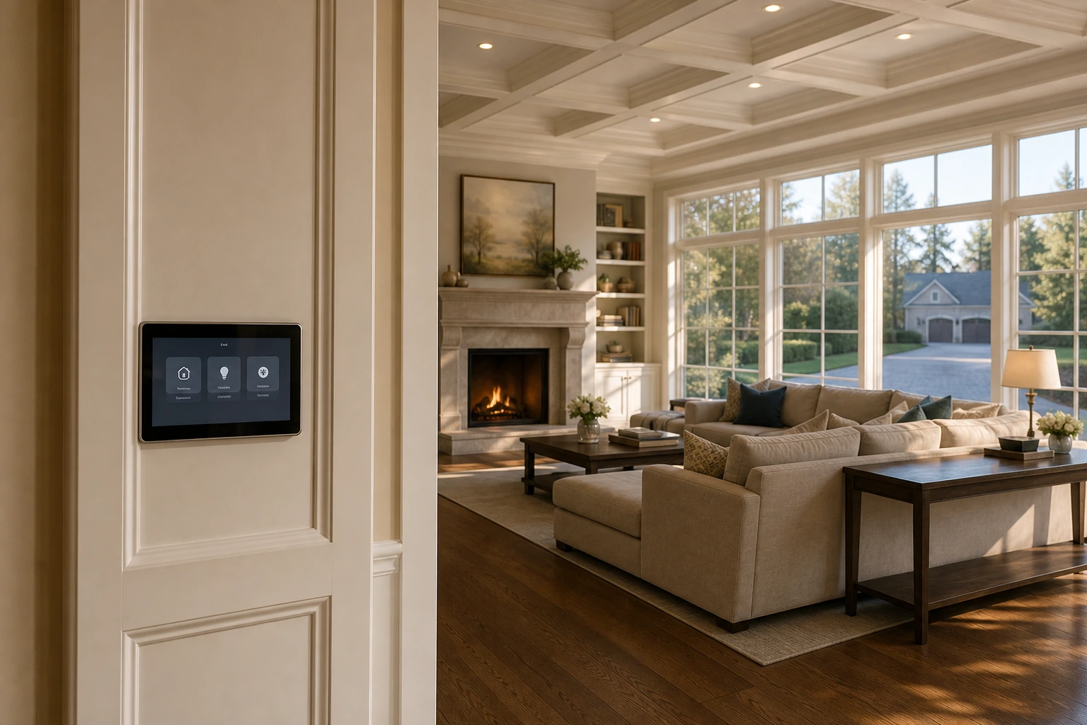On-wall Control4 touchscreen mounted at the entrance to a Hills of St. Andrew Aurora great room with a painted coffered ceiling, a long driveway visible through tall mullioned windows, and mature trees beyond
