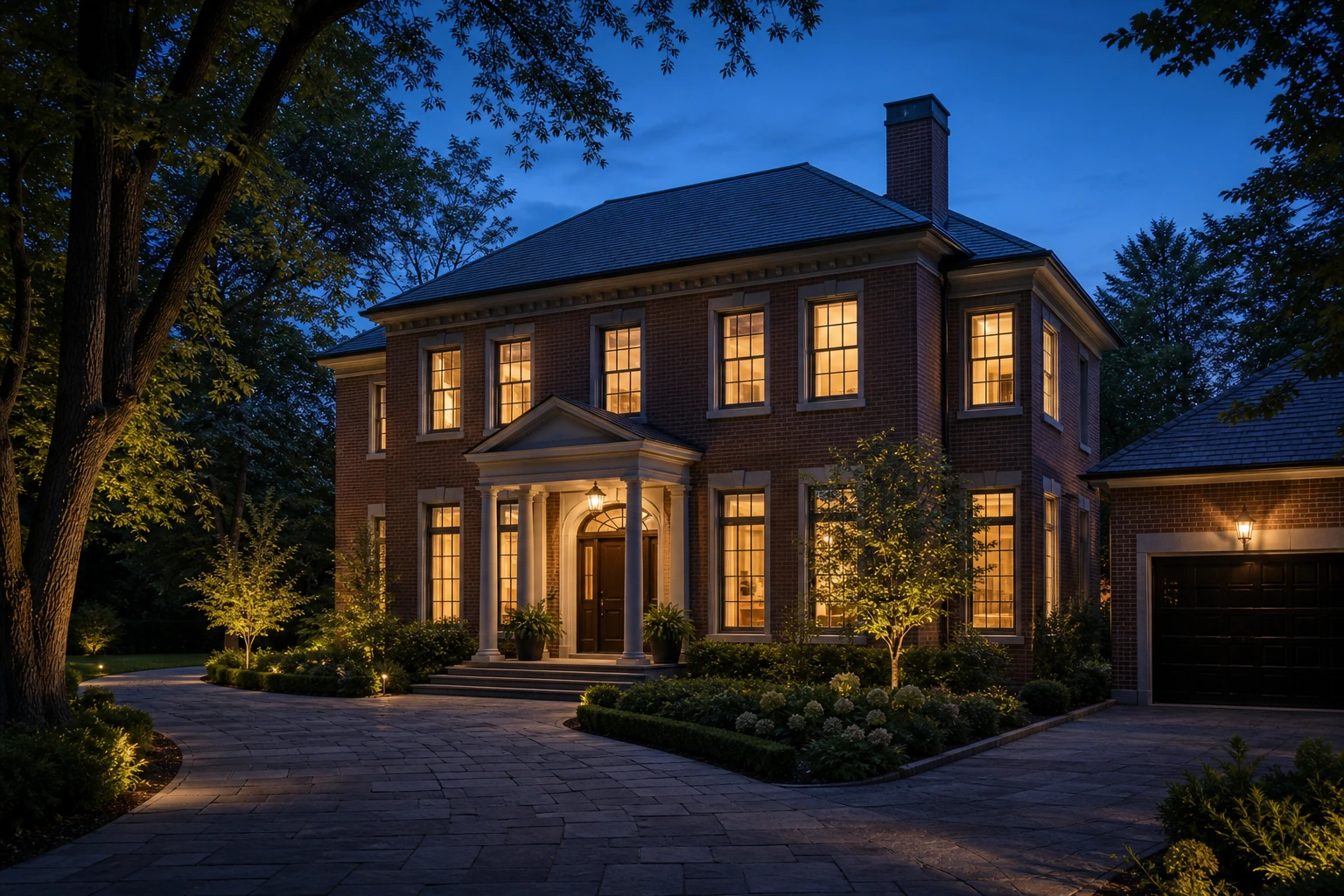 Exterior of a Hills of St. Andrew Aurora Georgian estate detached home at dusk with interior accent lighting visible through tall mullioned windows, mature trees framing the long driveway, and a single warm coach light at the entry portico