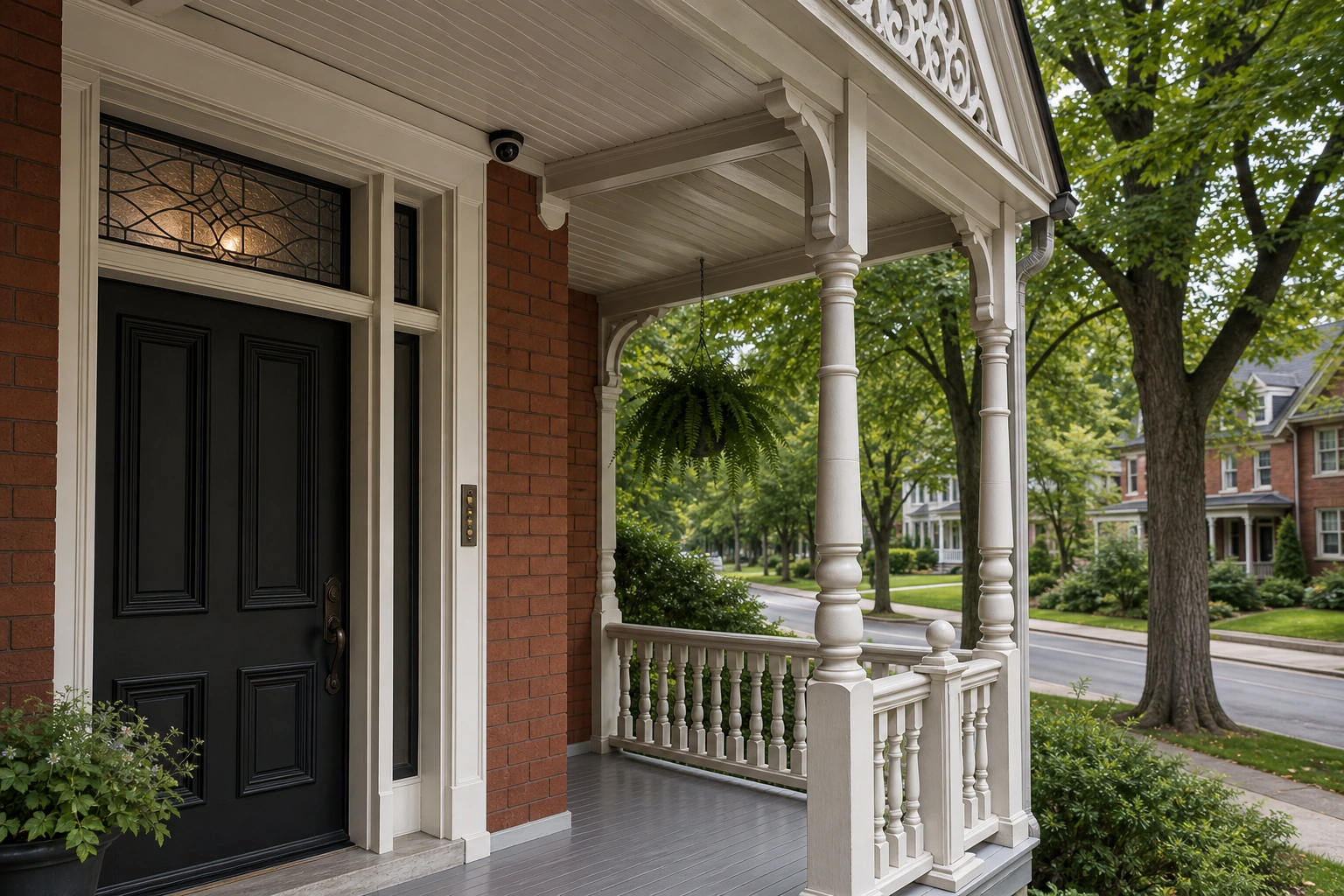 Discreet outdoor camera and slim weatherproof keypad tucked under the painted wood eave of a Northeast Old Aurora heritage detached home with Queen Anne Revival detailing, red-brick facade, and painted-white trim on a tree-lined Aurora avenue