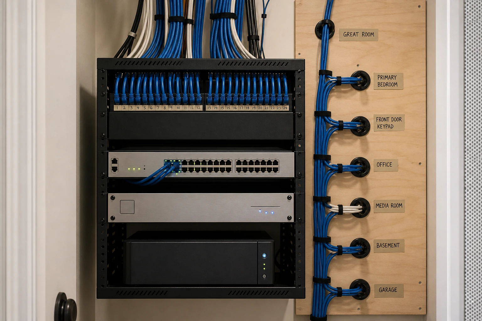 Control4 system network rack with managed switch, patch panel, controller, and labelled low-voltage runs installed in a residential Aurora service closet