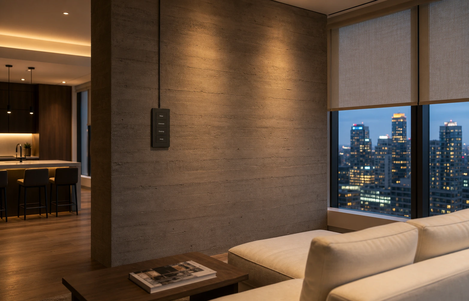 North York Yonge corridor penthouse living area with surface-mount Control4 keypad on concrete feature wall and motorised shading