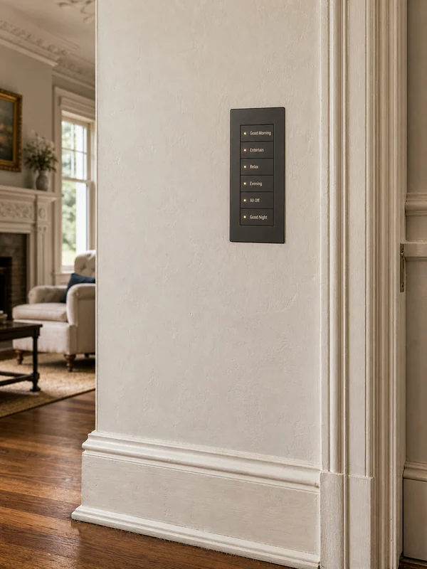 Flush-mounted Control4 keypad set neatly into an original plaster wall beside period baseboard trim in an Old Oakville heritage home, with hardwood floor and historic casing visible