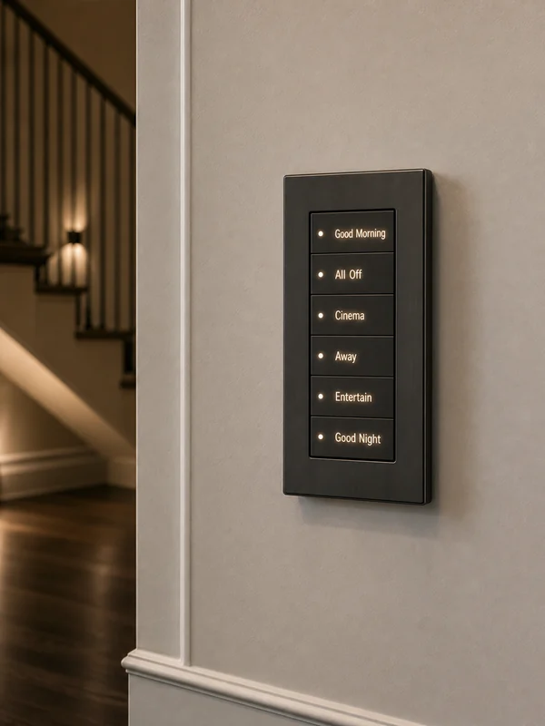 Control4 keypad and wall touchscreen in a Vaughan luxury home showing scene controls for lighting, audio, and climate — SetupTeam