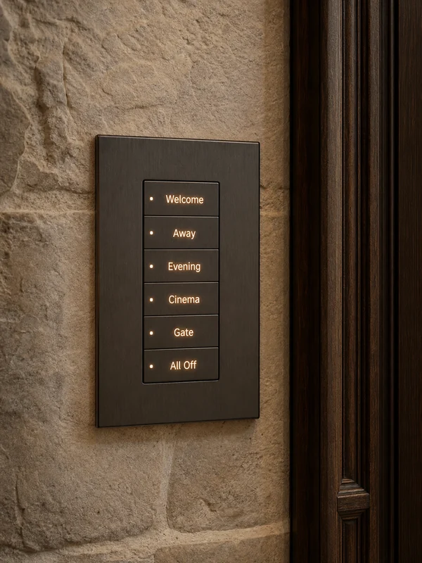 Control4 keypad mounted flush in a King City estate home showing scene controls for lighting, audio, and gate automation — SetupTeam