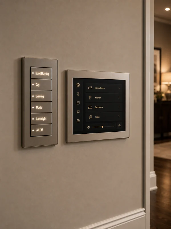Control4 keypad and small wall touchscreen mounted in a Glen Abbey Oakville home hallway showing scene labels for lighting, audio, and climate