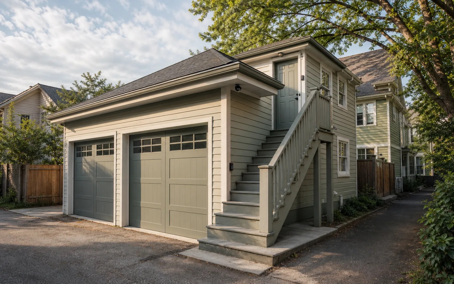 A Cornell rear municipal lane in Markham with a detached garage and laneway suite above, exterior keypad and camera placed near the suite entry