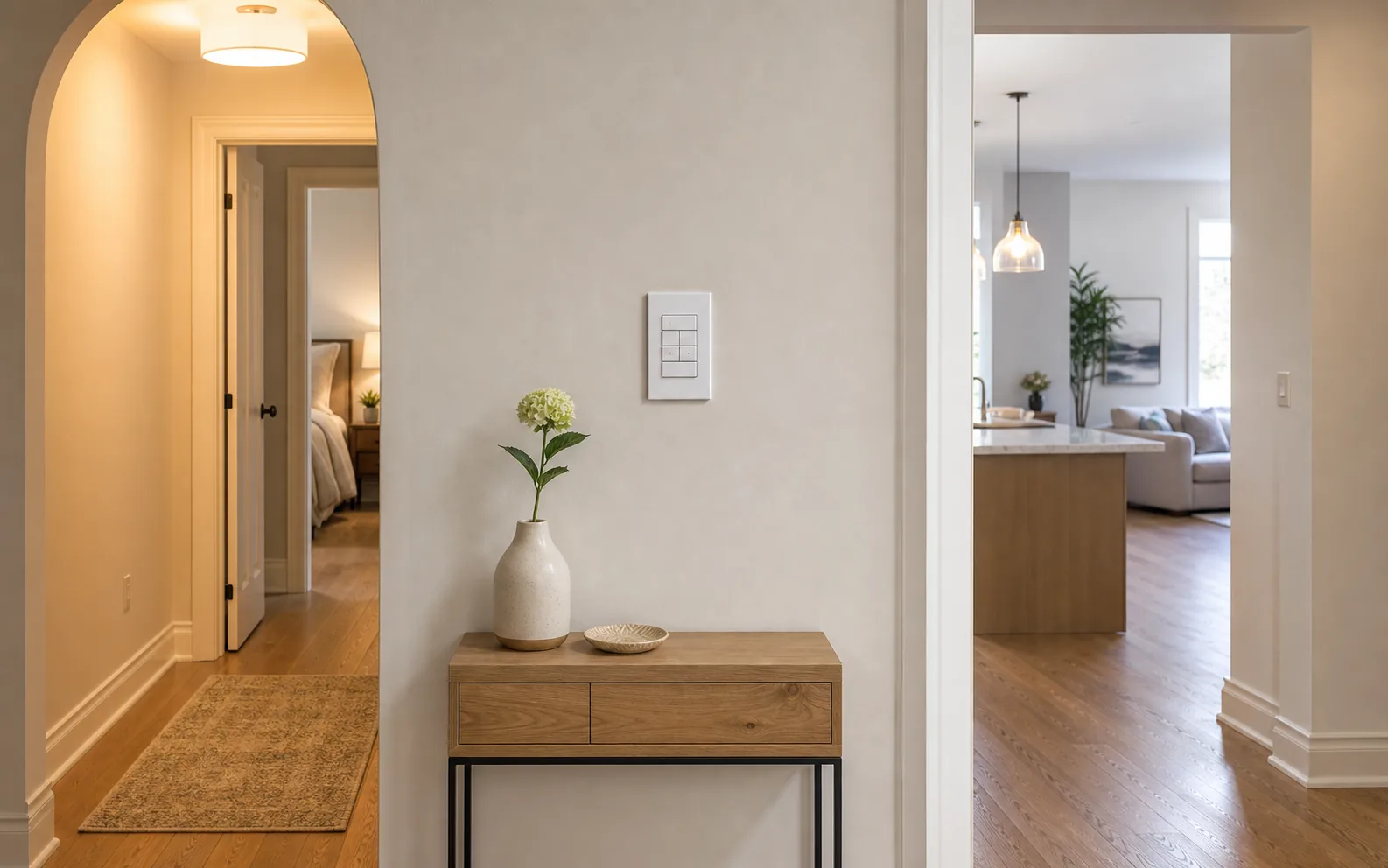 Control4 keypad mounted at a hallway junction in a Markham detached home where the corridor splits toward a grandparent suite on the left and the main living area on the right