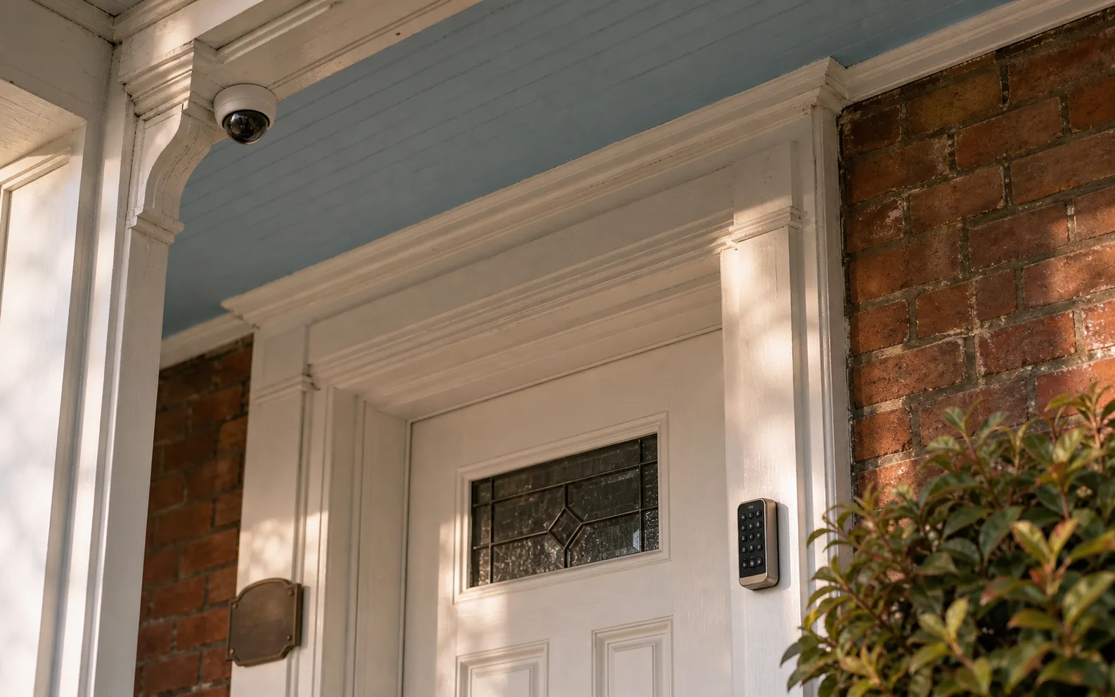 Discreet exterior camera and entry keypad tucked under the painted wood trim of a Unionville heritage detached home