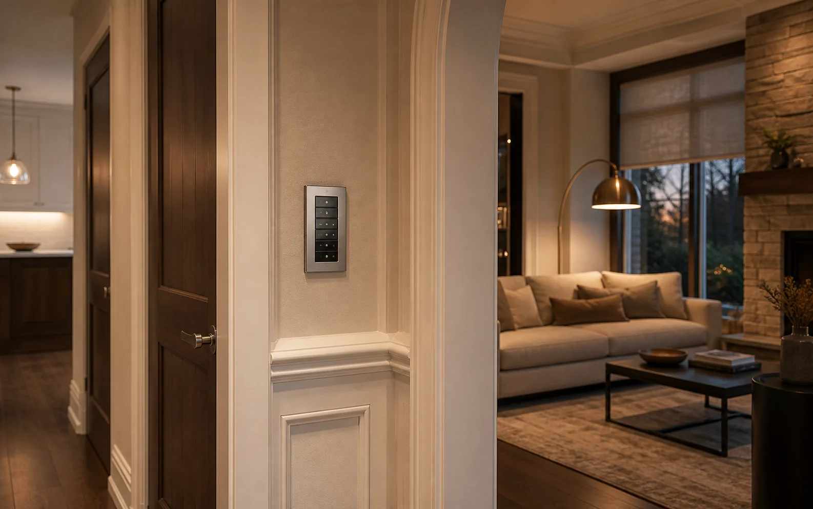 Control4 keypad in the entry of a Lorne Park executive detached home with a dimmed evening scene visible through to a great room