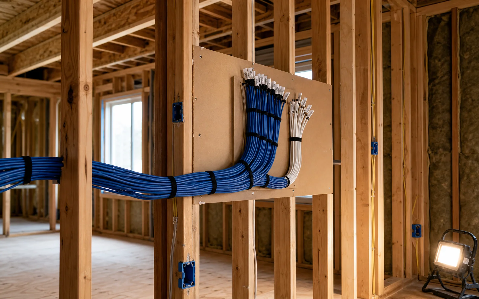Labelled Cat6 and speaker-wire rough-in pulled to a central patch location in an open-frame Erin Mills new build before drywall closes