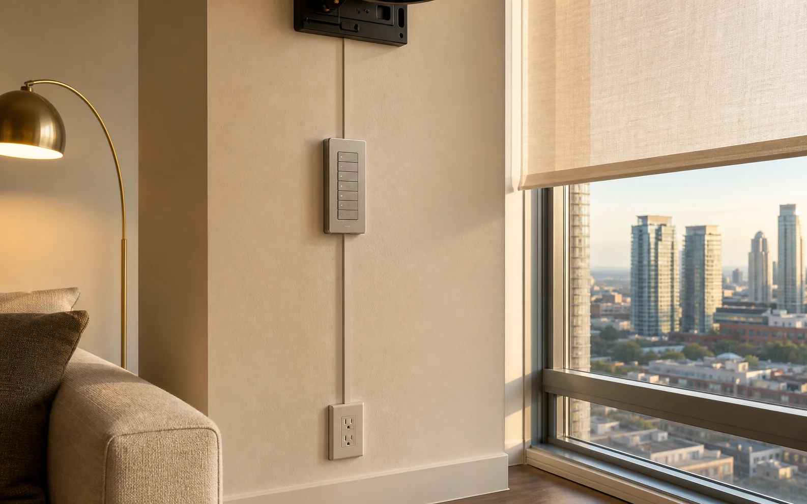 Control4 keypad and slim colour-matched raceway running down a concrete perimeter wall in a City Centre Mississauga condo