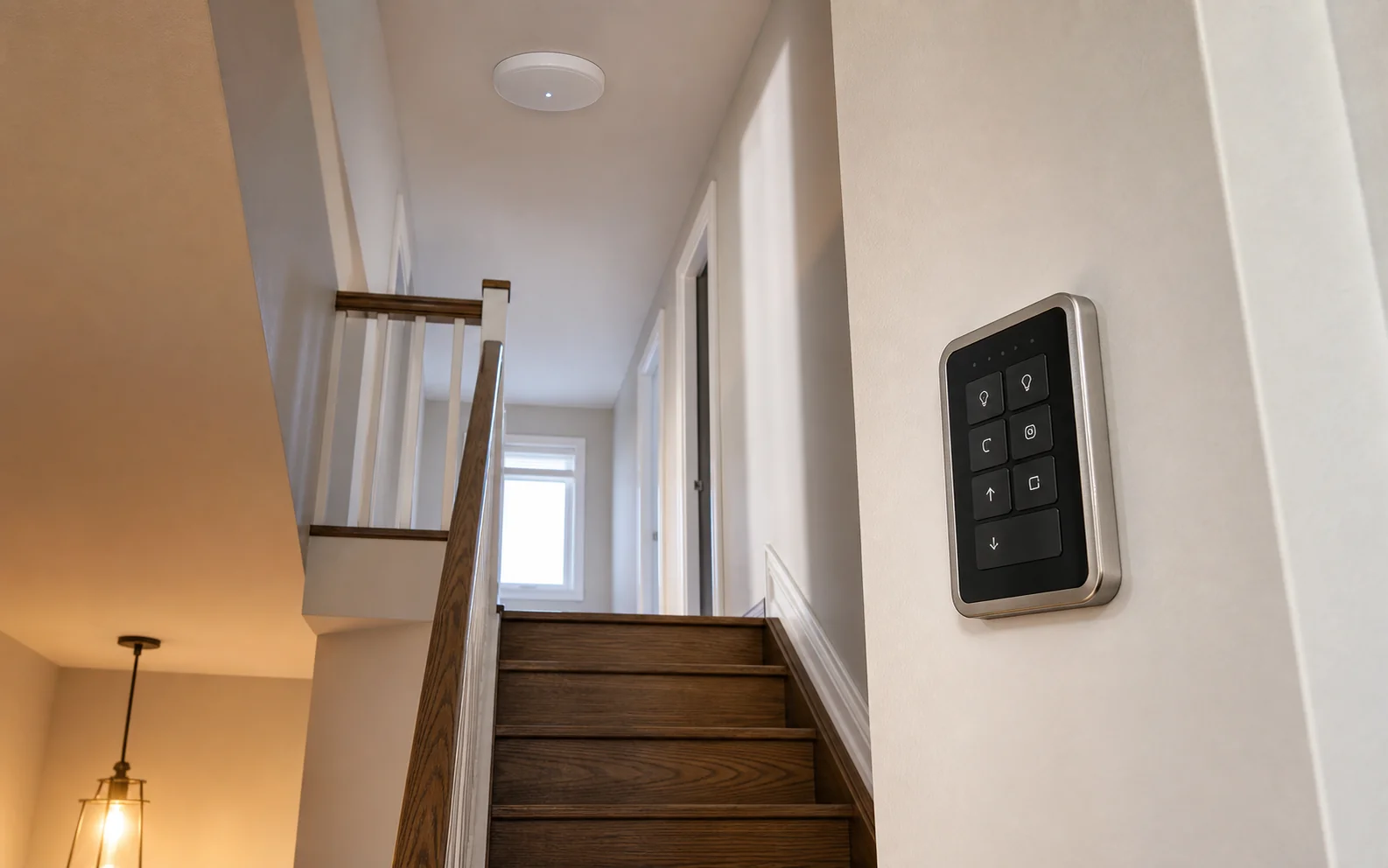 Control4 keypad on the wall at a Hurontario stacked townhome stair landing with a ceiling-mount access point visible on the floor above