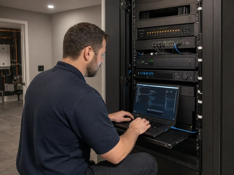 SetupTeam technician with laptop running Composer Pro connected to a Control4 controller in a King City estate home utility room — dealer-of-record takeover