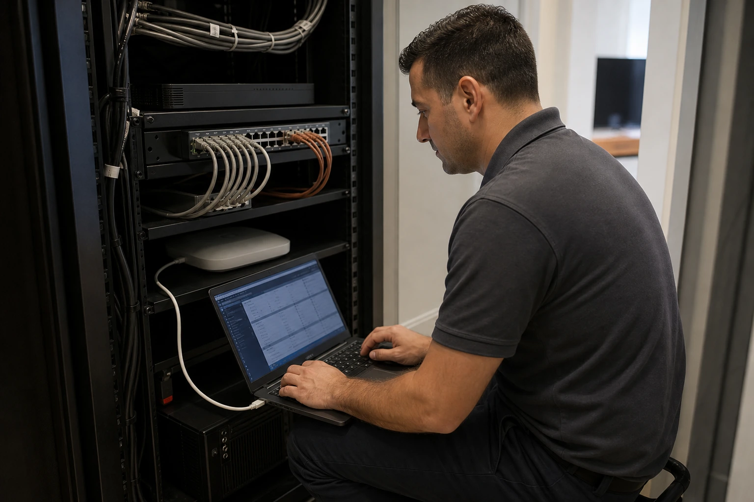 SetupTeam technician with laptop running Composer Pro connected to a Control4 controller in a North York condo utility closet