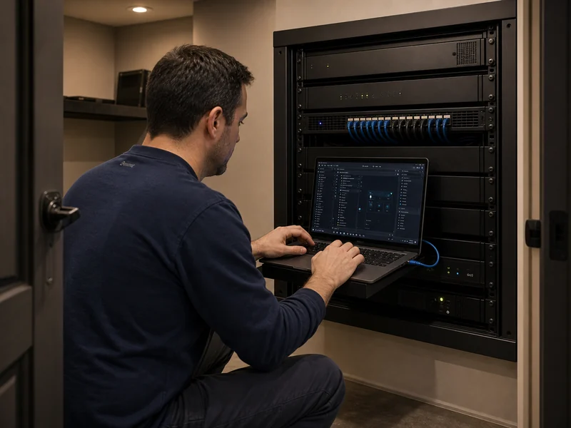SetupTeam technician with laptop running Composer Pro connected to a Control4 controller in a clean wall-mounted estate rack in a Morrison Oakville utility room