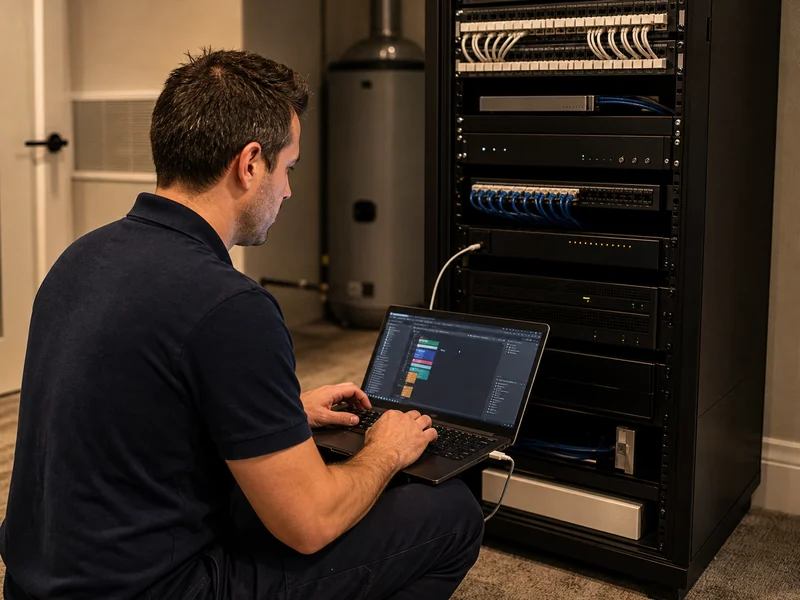 SetupTeam technician with laptop running Composer Pro connected to a Control4 controller in a Richmond Hill home equipment rack — dealer-of-record takeover