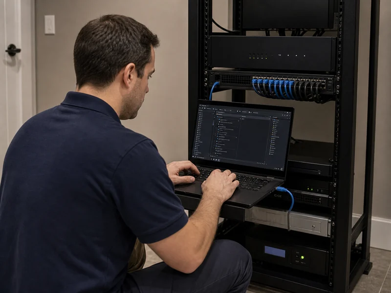 SetupTeam technician with laptop running Composer Pro connected to a Control4 controller in a Vaughan home equipment rack — dealer-of-record takeover