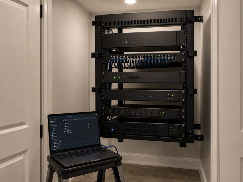 Closely cabled Control4 rack with EA-5 controller and managed network switch, technician's diagnostic laptop visible in foreground, finished Oakville utility room context