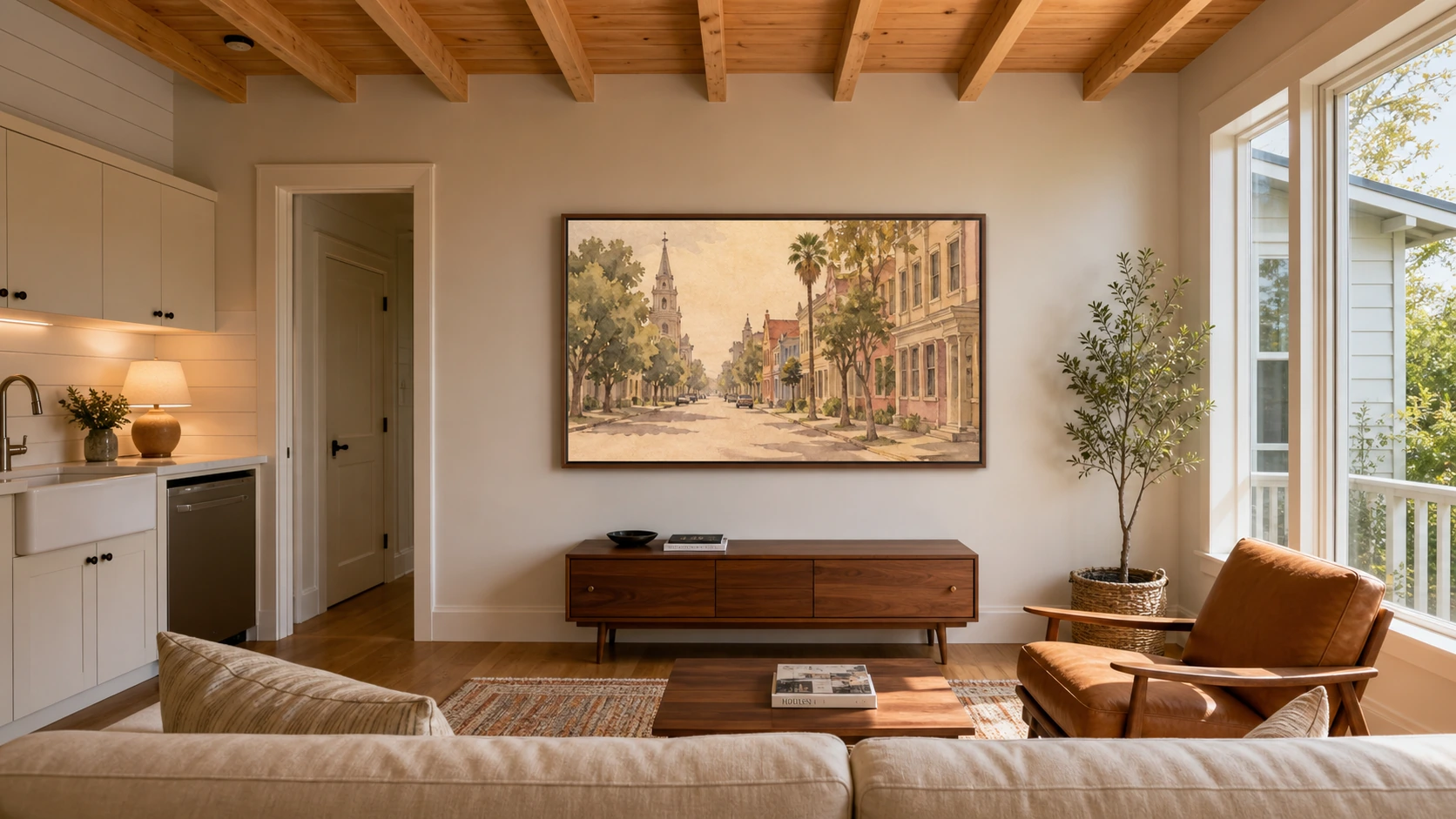 Cornell rear-laneway coach-house loft interior with painted clapboard interior trim, clear-stained pine ceiling joists, a compact kitchenette, a low cream linen sofa, and a 55-inch Samsung Frame TV mounted flush on the media wall with a Beveled walnut bezel; Art Mode shows a warm watercolour of a Charleston street scene
