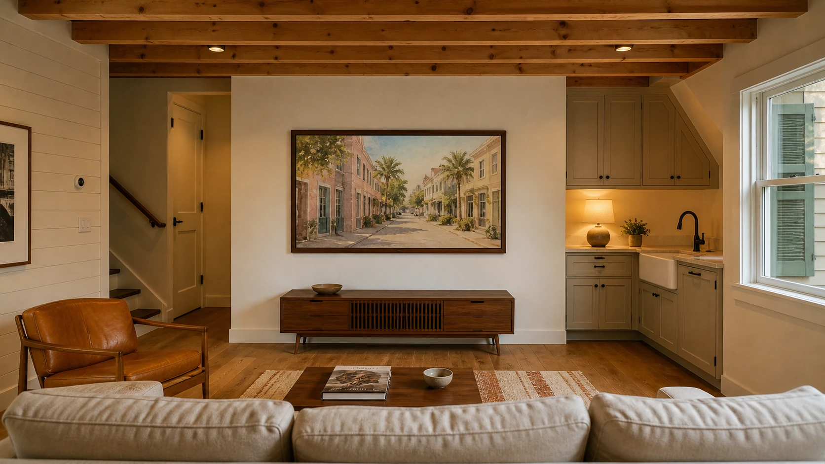 Finished Cornell rear-laneway coach-house loft above a tandem garage with Charleston-influenced exterior trim glimpsed through the loft window, clear-stained pine ceiling joists, a compact kitchenette, a low cream linen sofa, and a 55-inch Samsung Frame TV mounted flush on the media wall with a Beveled walnut bezel; Art Mode shows a warm watercolour of a Charleston street scene