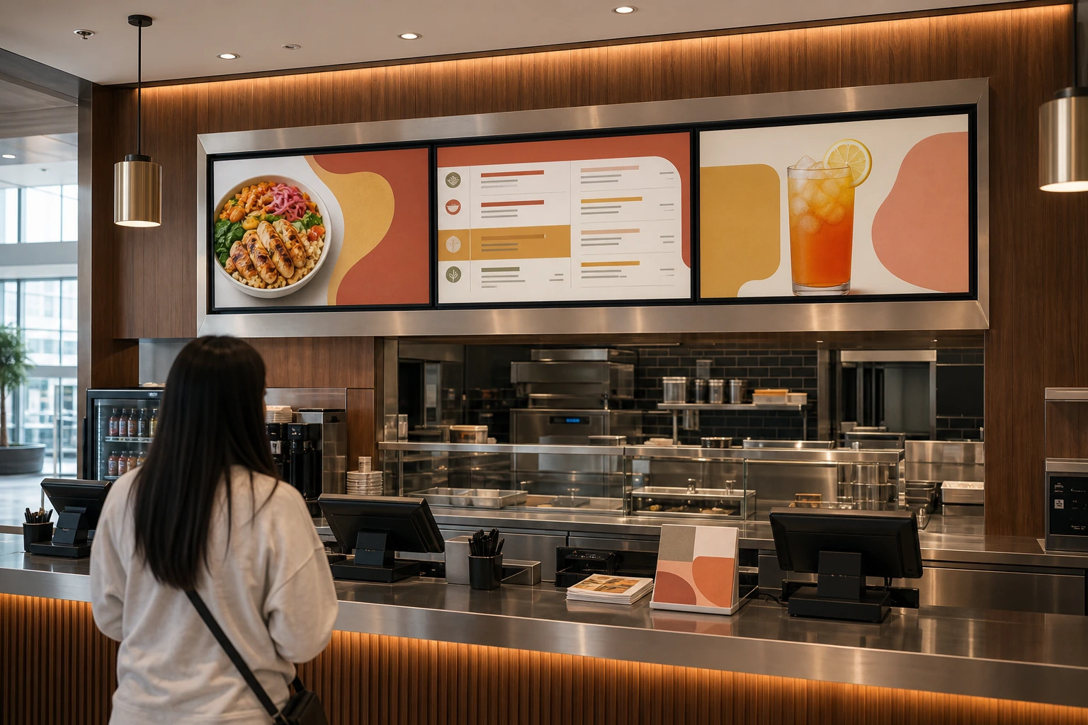 Three-screen digital menu board above the counter at a North York quick-service restaurant in a recessed stainless mullion frame, vibrant brand-style content visible on each panel