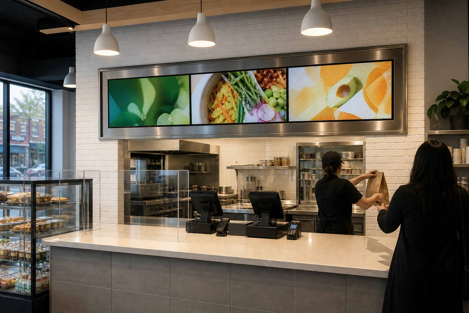 Three-screen digital menu board above the counter at a Queensway QSR in a recessed stainless mullion frame, vibrant brand-style content visible on each panel, daylight visible through the front windows