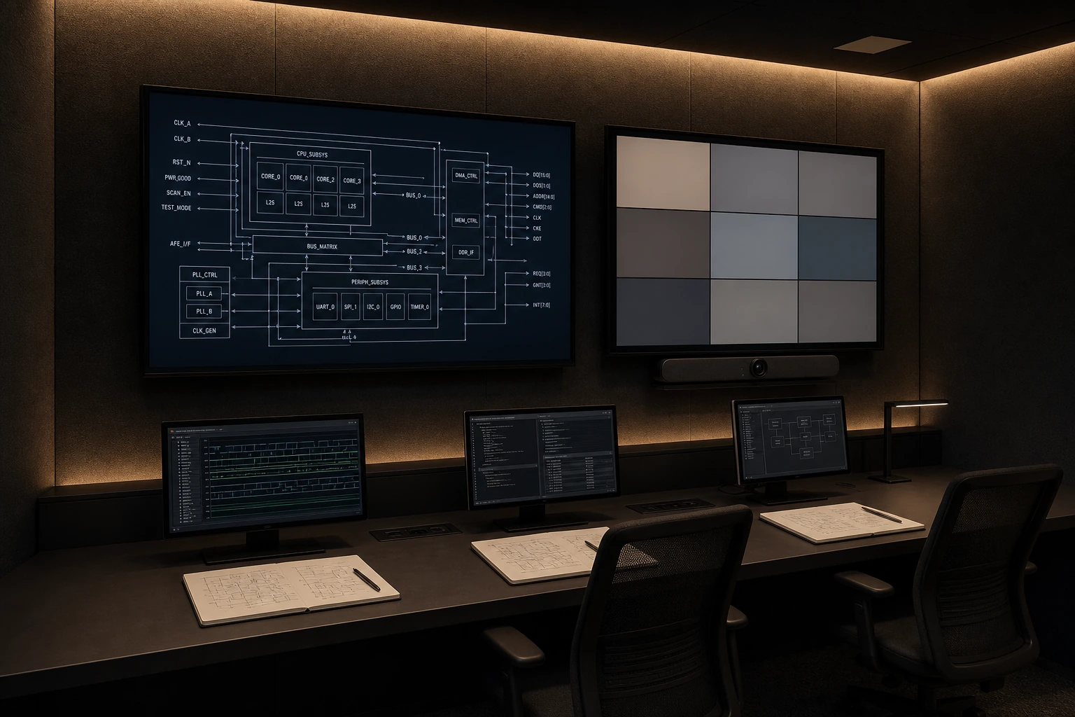 Engineering review room in a Markham Centre tech-corridor office with a calibrated reference-grade display on a separate switched path showing a chip-design schematic, a parallel 75-inch commercial display with a current-generation videobar for the videoconference path, controlled ambient light, dark fabric wall panels, and a long review desk with engineering workstations