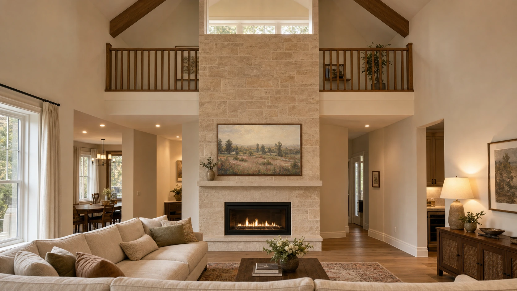 Finished Erin Mills Central late-1990s detached cathedral-ceiling great room with a 5.2-metre-tall two-storey natural-limestone fireplace surround clad from floor to ridge, a 75-inch Samsung Frame TV mounted flush at 140cm screen-centre in the lower third of the towering surround with a Beveled walnut bezel, Art Mode displaying a warm impressionist landscape, open-to-second-floor balcony overlooking the great room from the upstairs hall just visible at the top of the composition