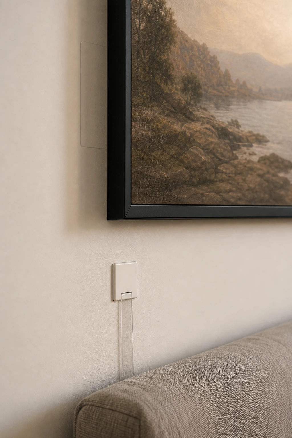 Cross-section detail of a Samsung Frame TV flush-mounted with the no-gap bracket against a clean Etobicoke drywall partition, showing the screen at zero millimetres proud, a recessed power outlet behind the screen, and the Invisible Connection optical cable exiting through a low-voltage plate below