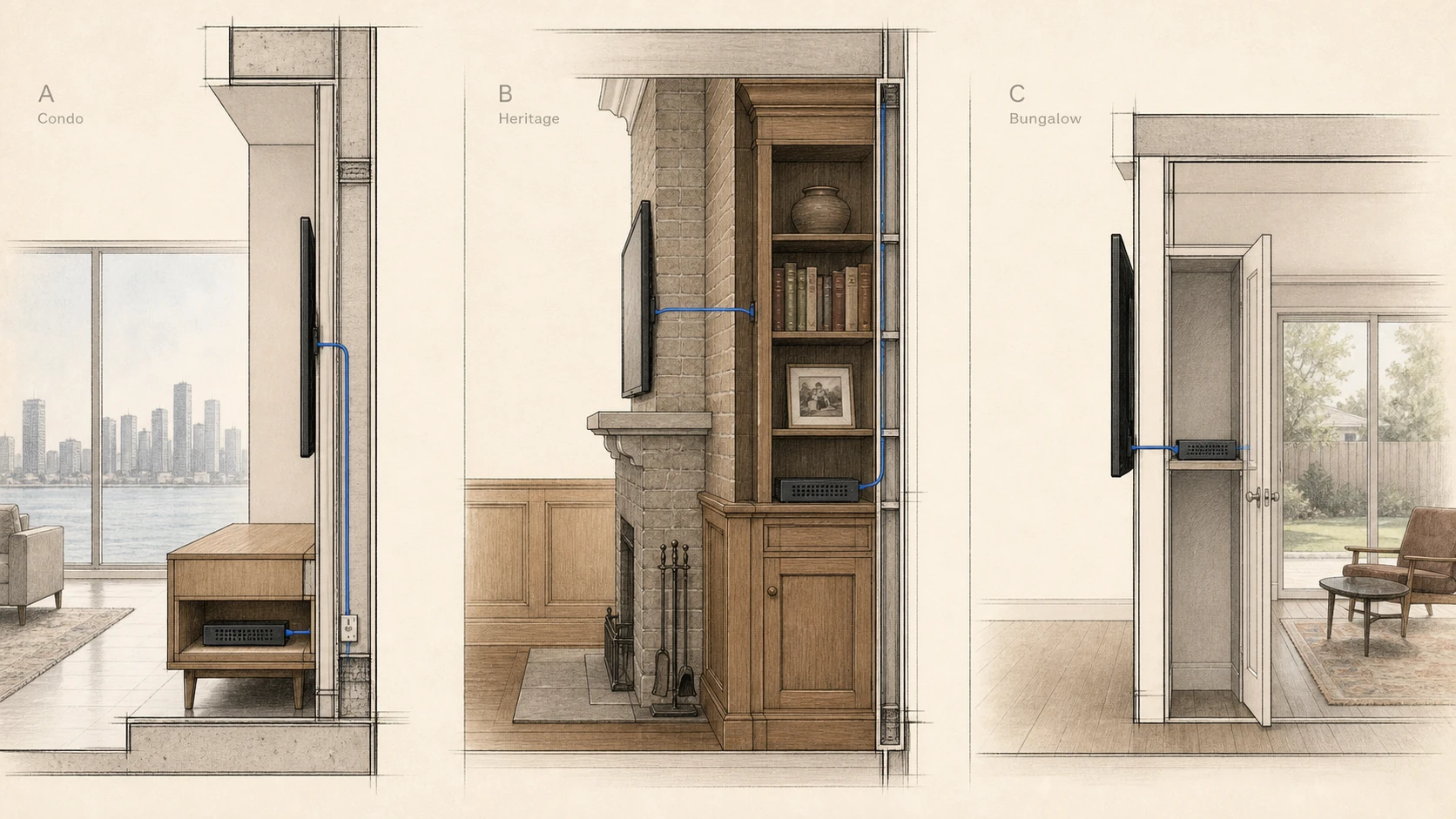 Editorial illustration showing the three common One Connect Box retrofit locations in Etobicoke housing typologies: a media console directly below the screen for a Humber Bay Shores condo, a vented shelf inside an original built-in bookcase next to the fireplace for a Kingsway heritage home, and a back-of-wall closet for a Mimico or Long Branch bungalow, with the Invisible Connection cable path drawn from each location to the back of the screen
