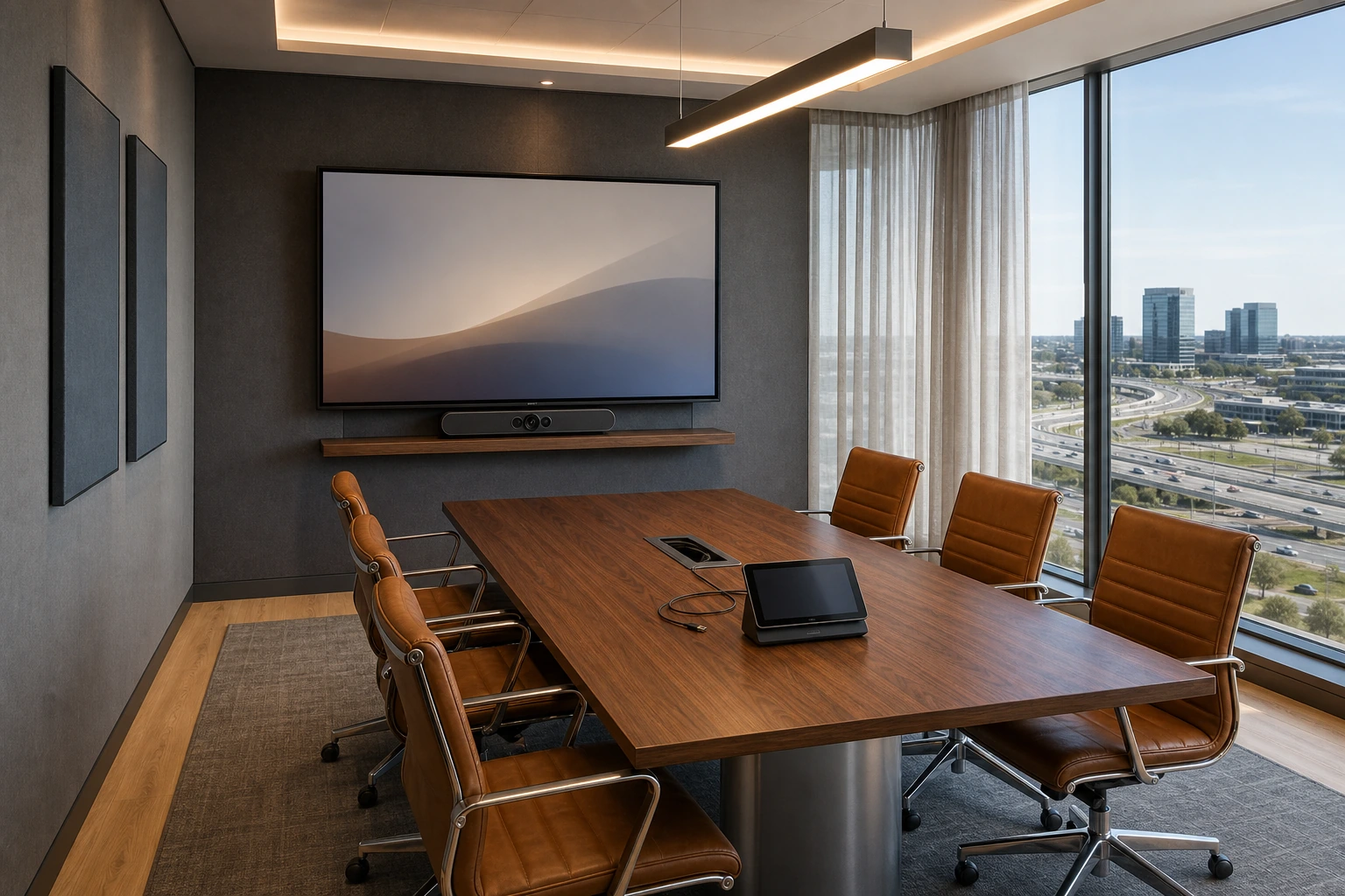 Executive meeting room on a corporate floor of a Commerce Valley Markham tech-corridor office above the Highway 7 / Highway 404 interchange with an 85-inch commercial display, a Logitech Rally Bar Pro, a walnut table with integrated USB-C table-box, six leather chairs, soft warm pendant lighting, daylight view toward the Markham tech corridor
