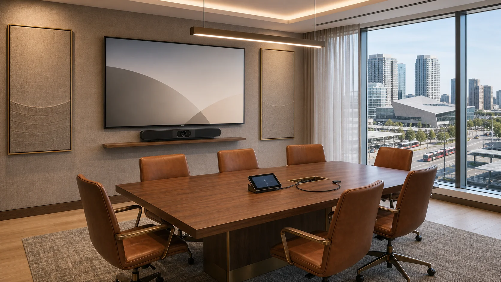 Executive meeting room on a corporate floor of a Six Points Etobicoke Class A podium office above the Kipling Transit Hub with an 85-inch commercial display, a Logitech Rally Bar Pro, a walnut table with integrated USB-C table-box, six leather chairs, soft warm pendant lighting, daylight view toward the Etobicoke Civic Centre