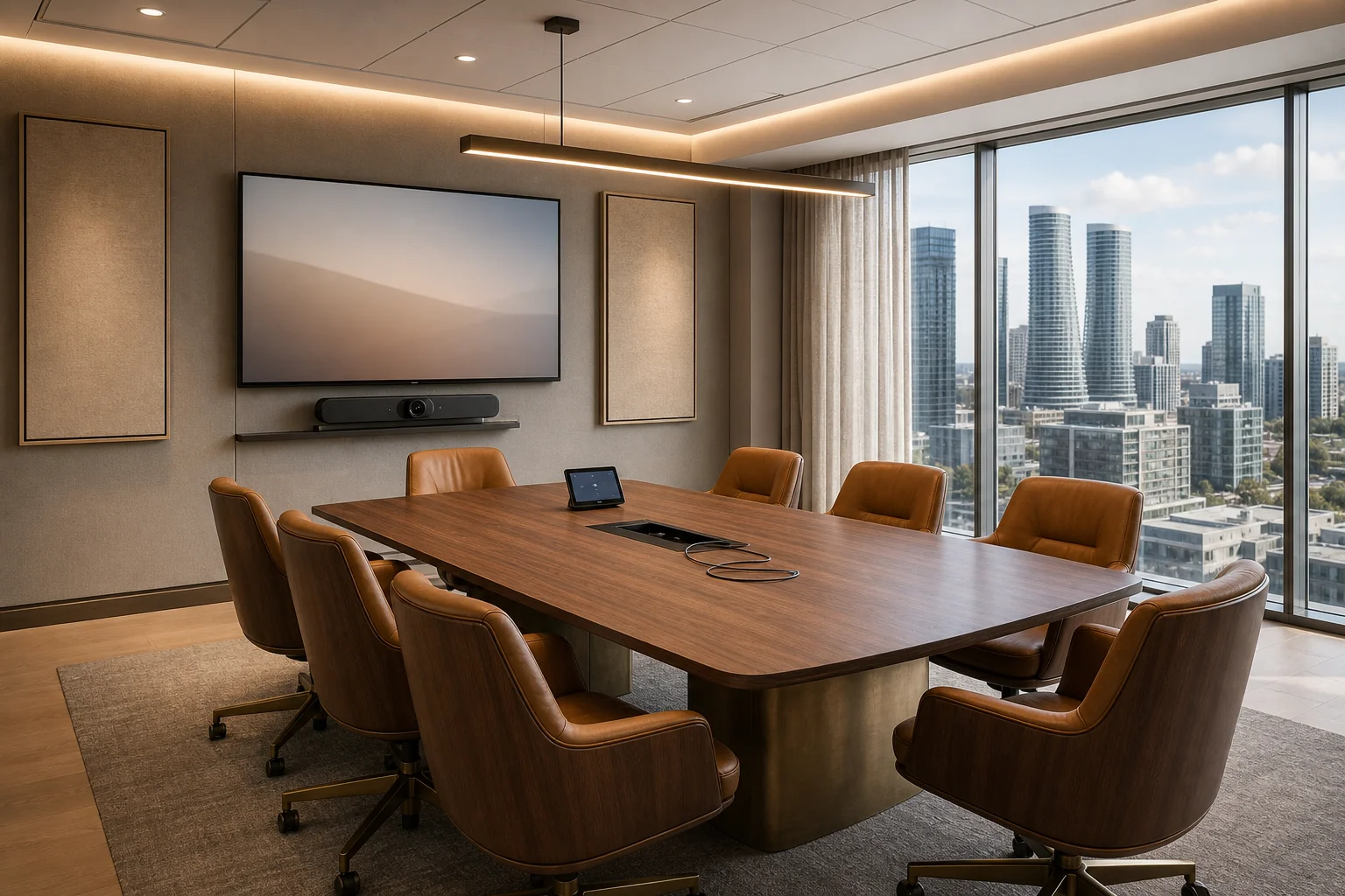 Executive meeting room on a high floor of a Square One Mississauga office tower with an 85-inch commercial display, a Logitech Rally Bar Pro, a walnut table with integrated USB-C table-box, six leather chairs, soft warm pendant lighting, daylight view across Mississauga City Centre